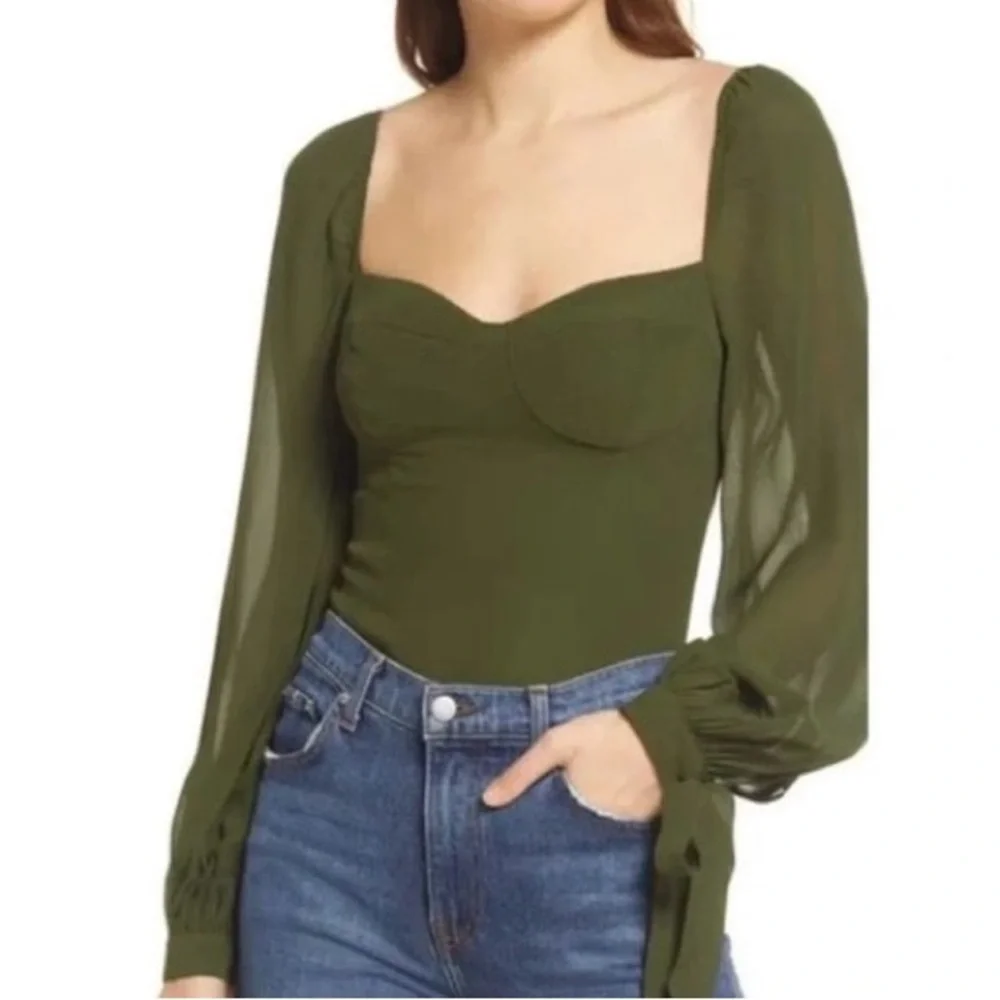 Reformation Sawtelle Sweetheart Blouse Green Puff Sleeve Size 4